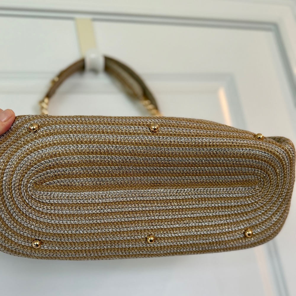 Eric Javits Woven Metallic Gold, Silver and Tan Striped Shoulder Bag - Picture 5 of 11